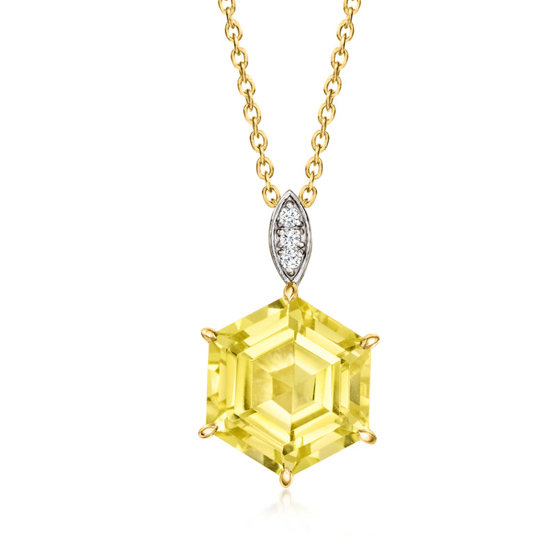 Gold pendant necklace with lemon-yellow square quartz and white zircon surround