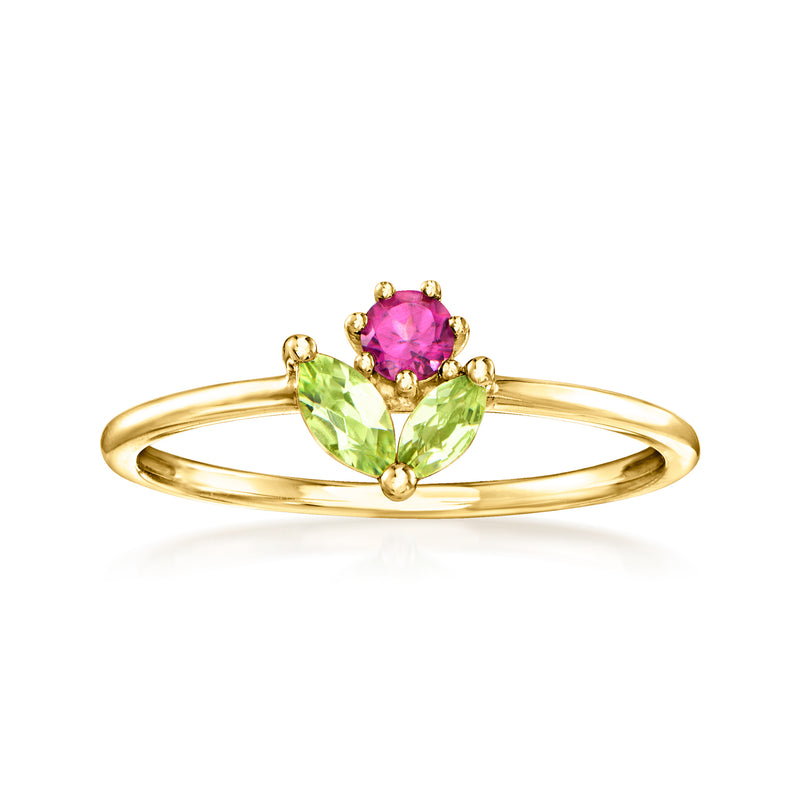 14kt yellow gold flower ring with pink rhodolite center and green peridot petals