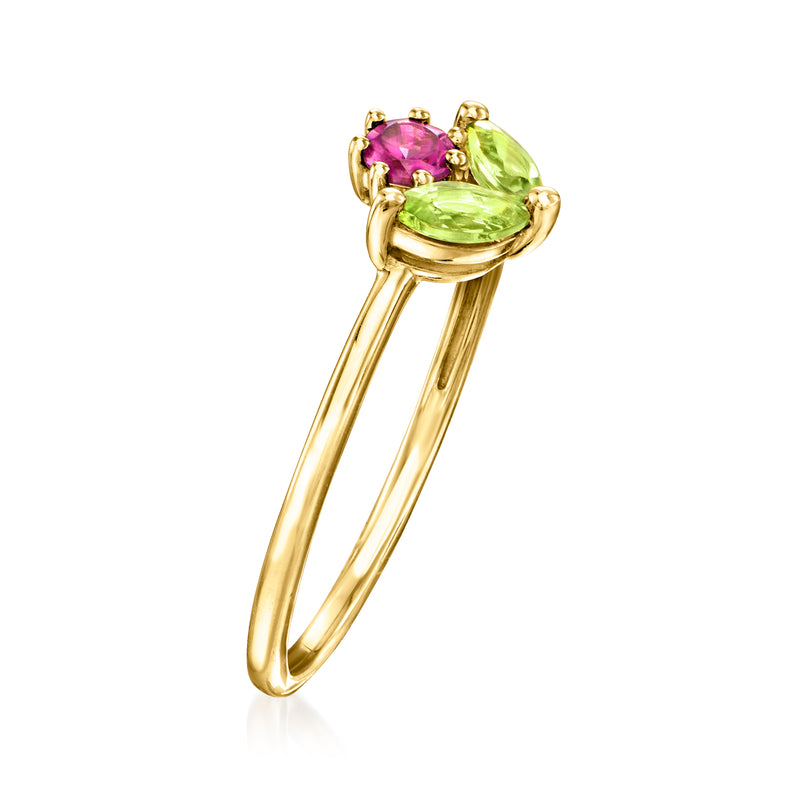 14kt yellow gold flower ring with pink rhodolite and green peridot gemstones, side view