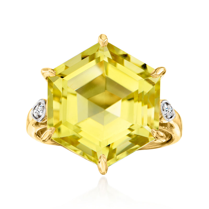 Gold-tone ring with large lemon yellow square gemstone and white zircon accents