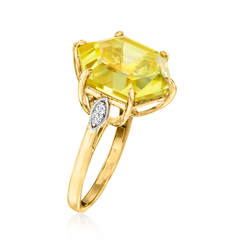 Gold-tone side view of ring with lemon yellow square gemstone and two white accent stones