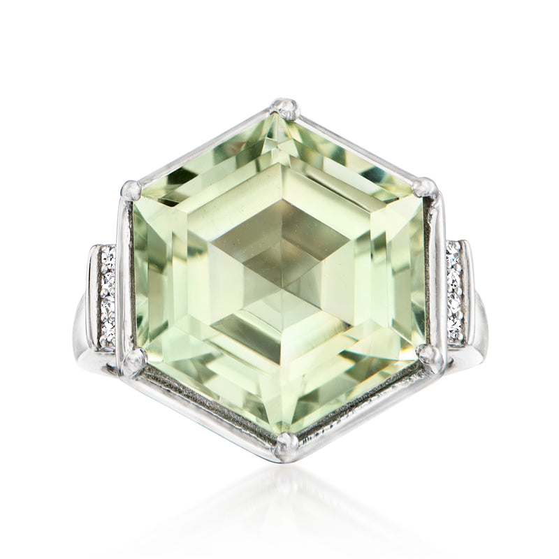 Sterling silver ring with hexagonal prasiolite and white zircon accents