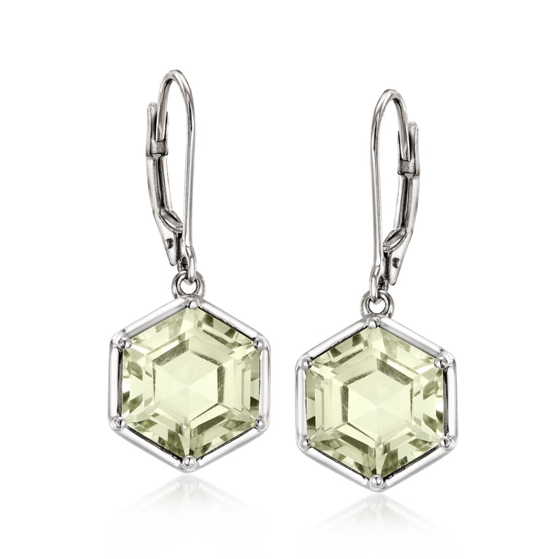 Sterling silver prasiolite drop earrings with faceted hexagon stones, leverback hooks