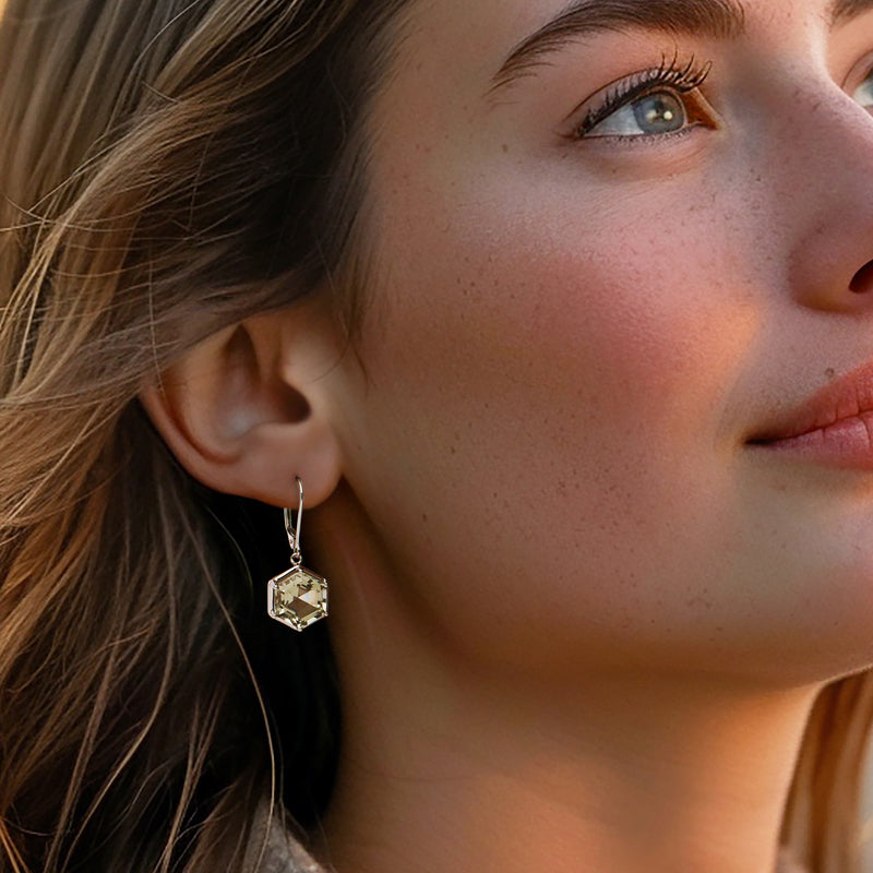 Sterling silver leverback prasiolite drop earrings with faceted hexagon stones on ear