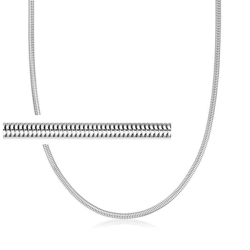 Sterling silver snake-chain necklace with fine 3mm links, curved display