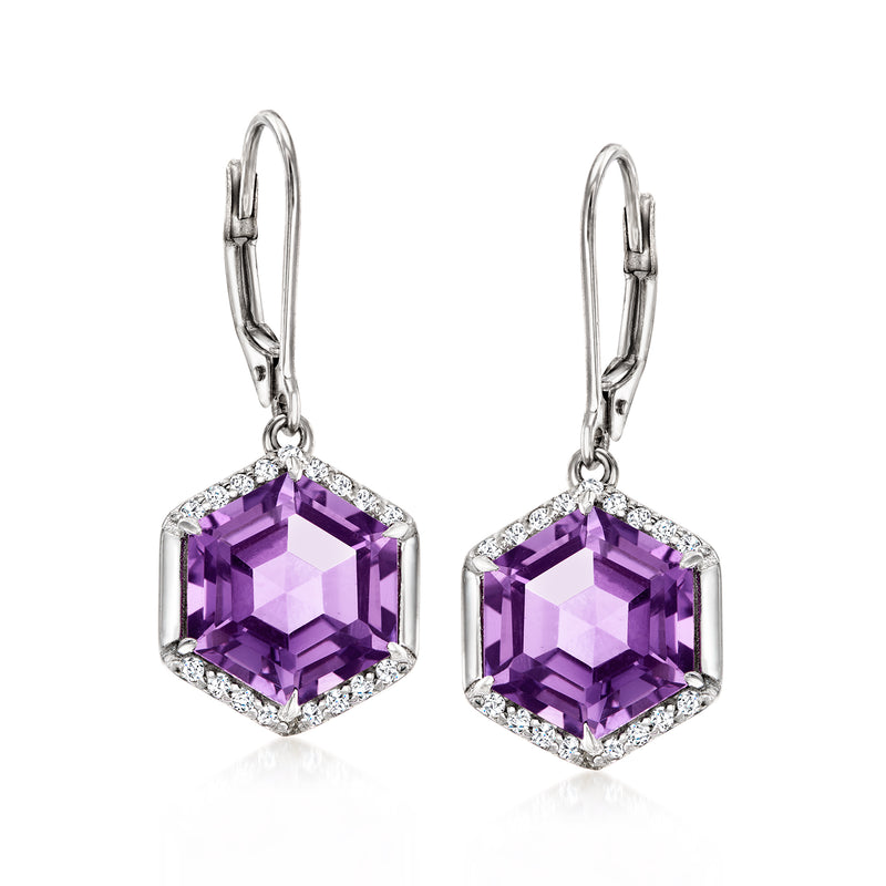 Sterling silver leverback drop earrings with purple amethyst square stones and clear halo