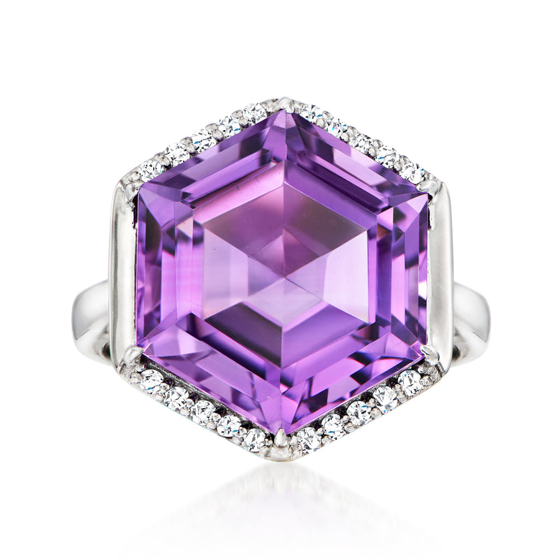 Sterling silver ring with square-cut amethyst center and white zircon halo