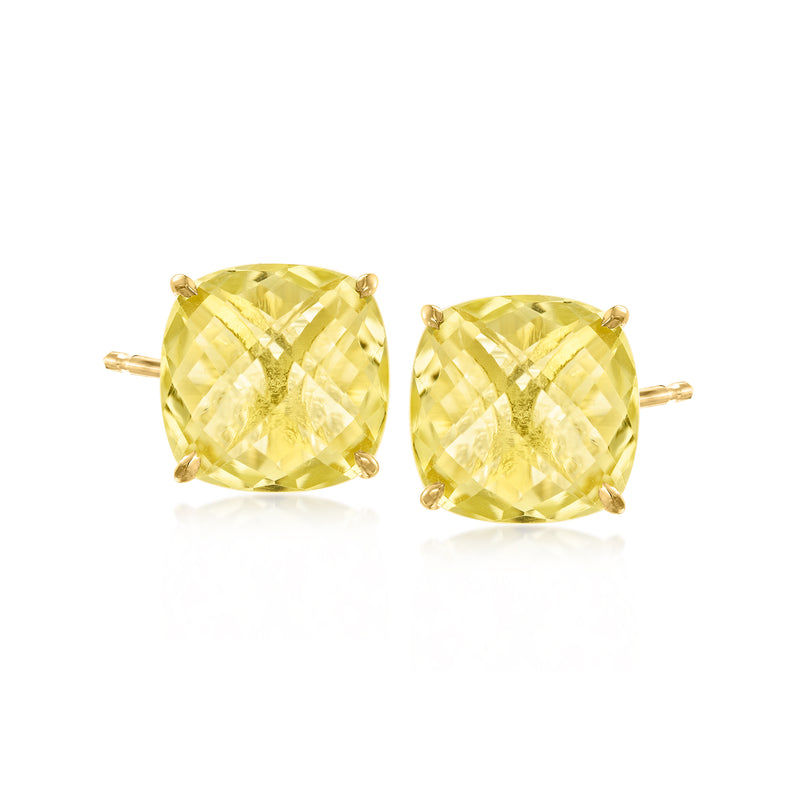Lemon quartz stud earrings, cushion-cut yellow stones in gold over sterling posts.