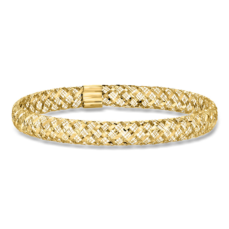 Yellow gold mesh bangle bracelet with rectangular clasp detail