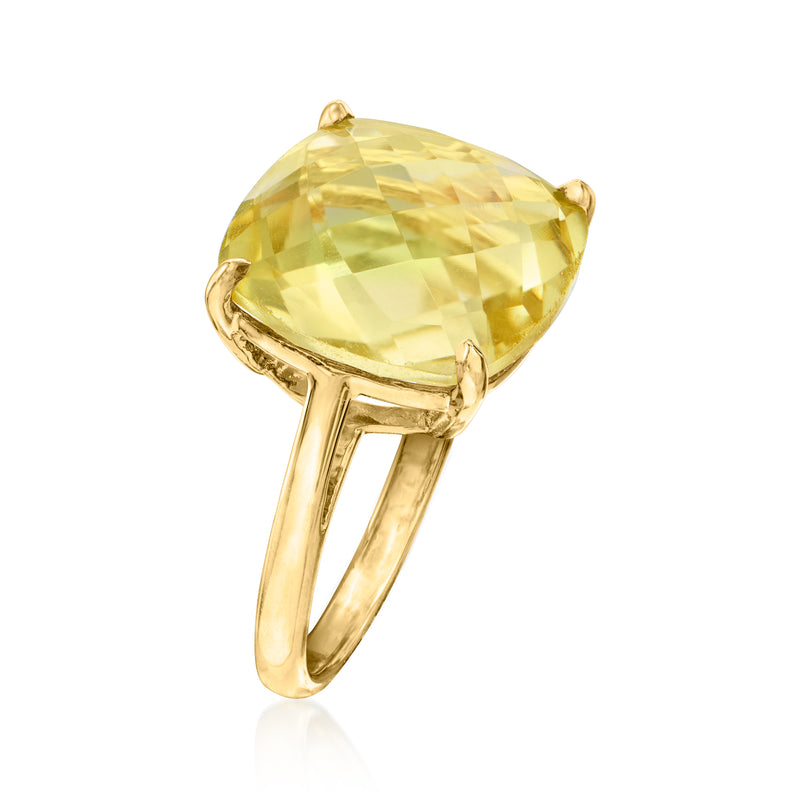 Gold over sterling ring with angled view of lemon quartz oval, four prongs