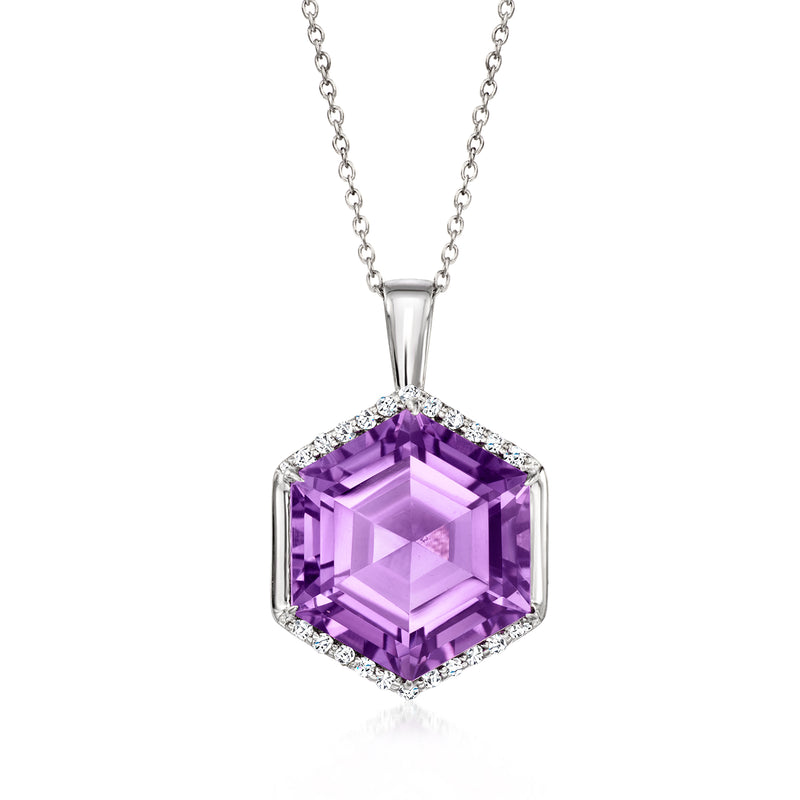 Sterling silver pendant necklace with square amethyst gemstone and zircon halo