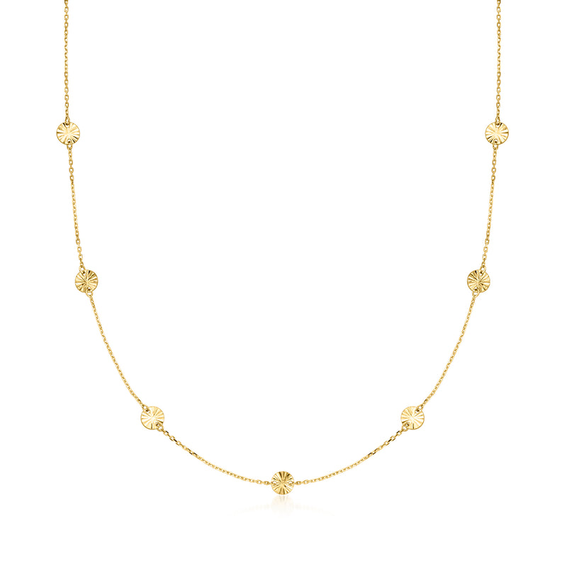 10kt yellow gold diamond-cut disc station necklace with short round discs on chain