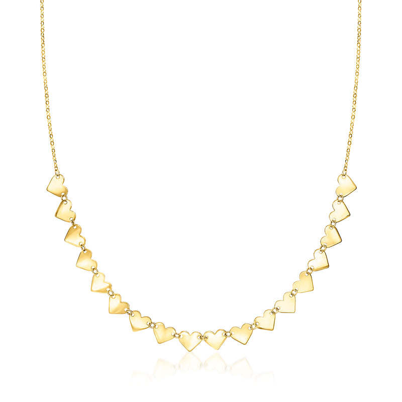 10kt yellow gold heart station necklace with small linked hearts along the chain
