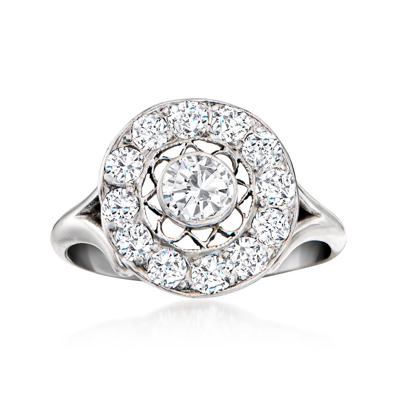 Vintage 14k white gold diamond cluster ring, round center with halo of small diamonds