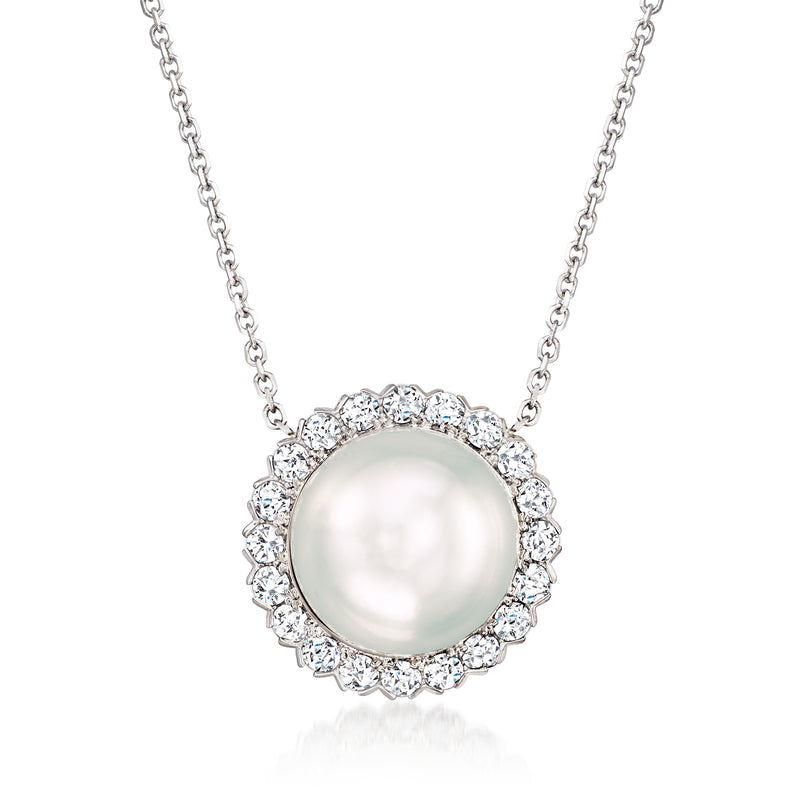 Cultured pearl pendant necklace with diamond halo on white gold chain