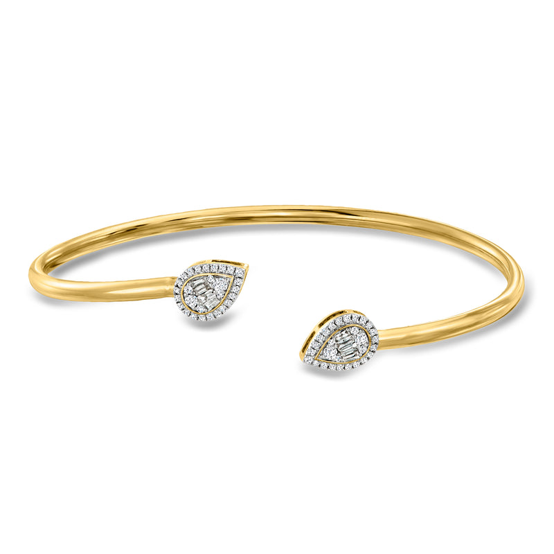 14kt yellow gold pear halo cuff bracelet with round diamond accents, open cuff