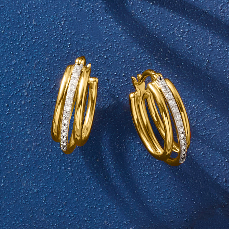 Triple gold hoop earrings with diamond-studded outer rings and inner hoops