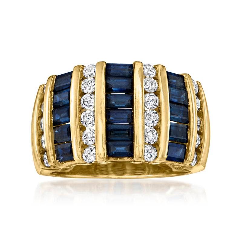 14kt yellow gold striped sapphire and diamond vintage ring, wide band