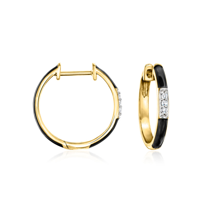Gold hoop earrings with black enamel and diamond accents, shown side view