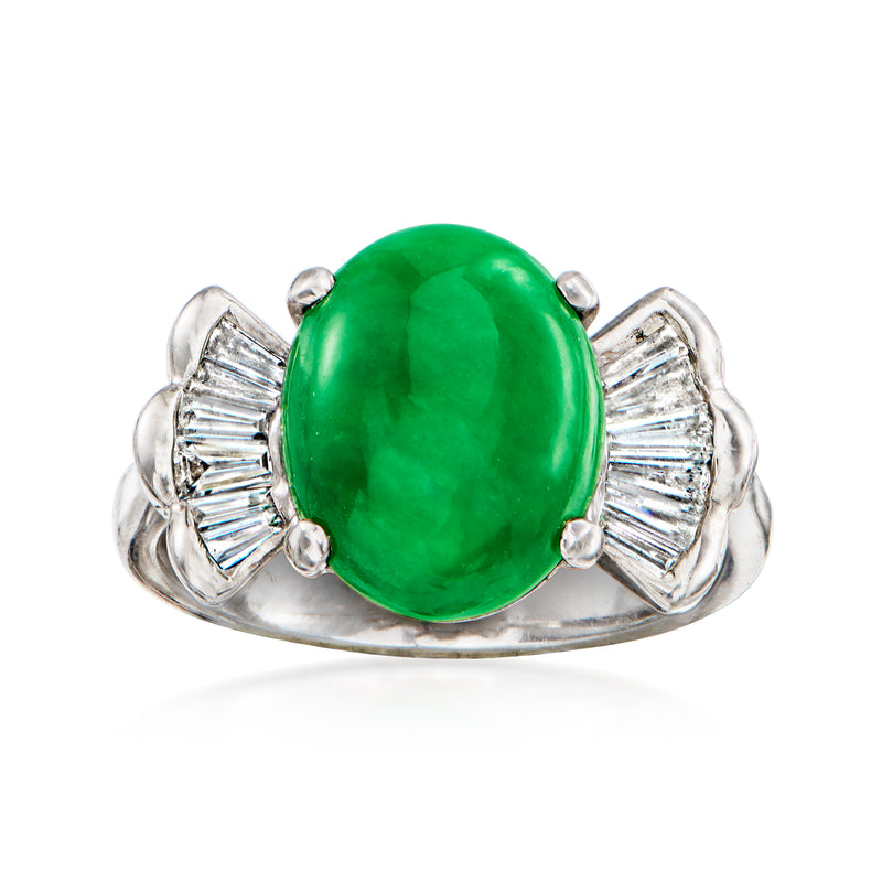 18kt white gold ring with oval green jade center and baguette diamond accents