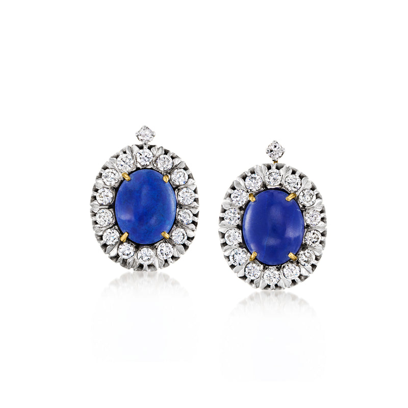 Lapis blue cabochon stud earrings with diamond halo in oval frame, post style