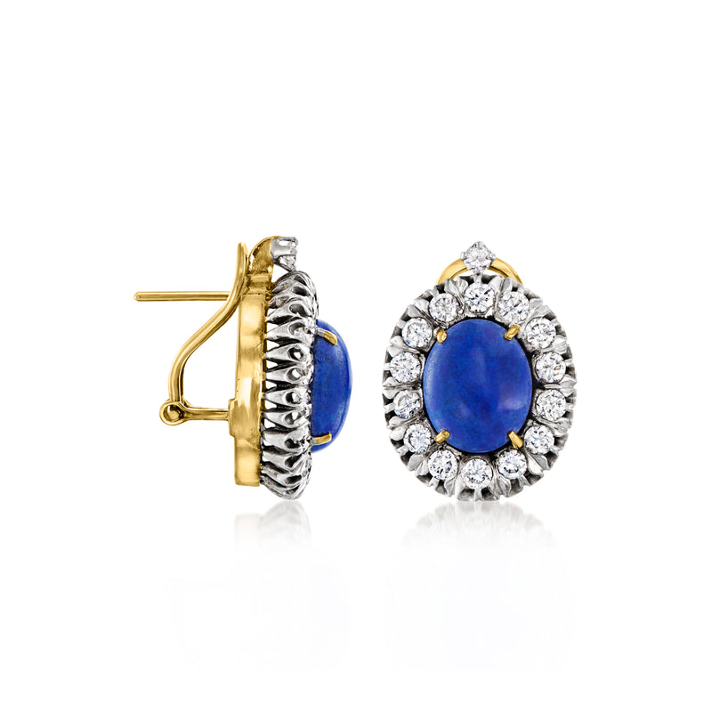 Oval lapis cabochon earrings with diamond halo, gold post and silver backing