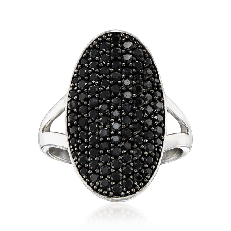 Sterling silver oval pave black spinel ring with openwork gallery and wide band