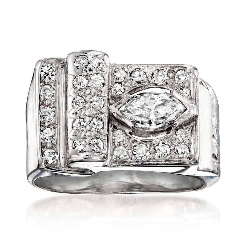 Platinum diamond buckle ring with bezel-set marquise center and round accents