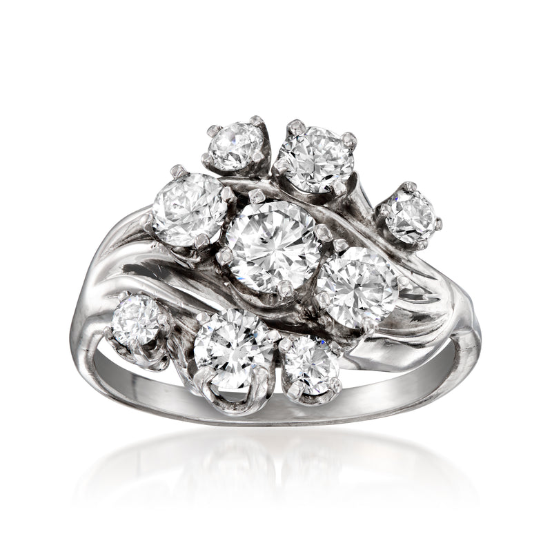 14kt white gold vintage diamond cluster ring with round brilliant stones, high-set prongs