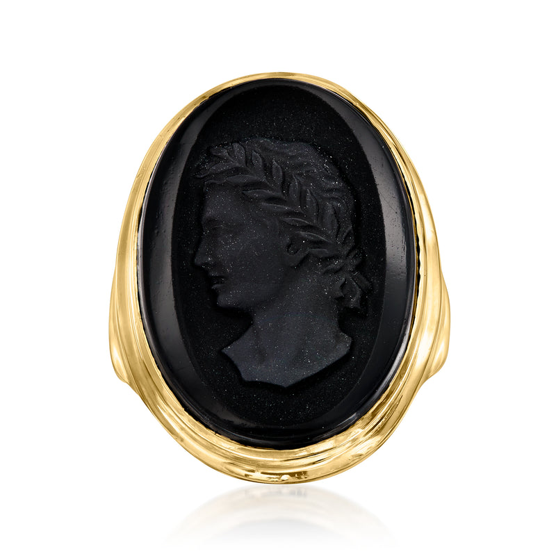 14kt yellow gold oval onyx intaglio ring with black cameo profile