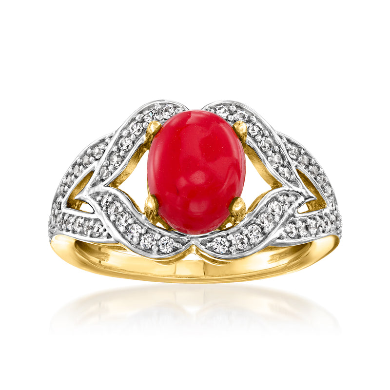 Red coral ring with oval cabochon and white zircon accents in gold over sterling