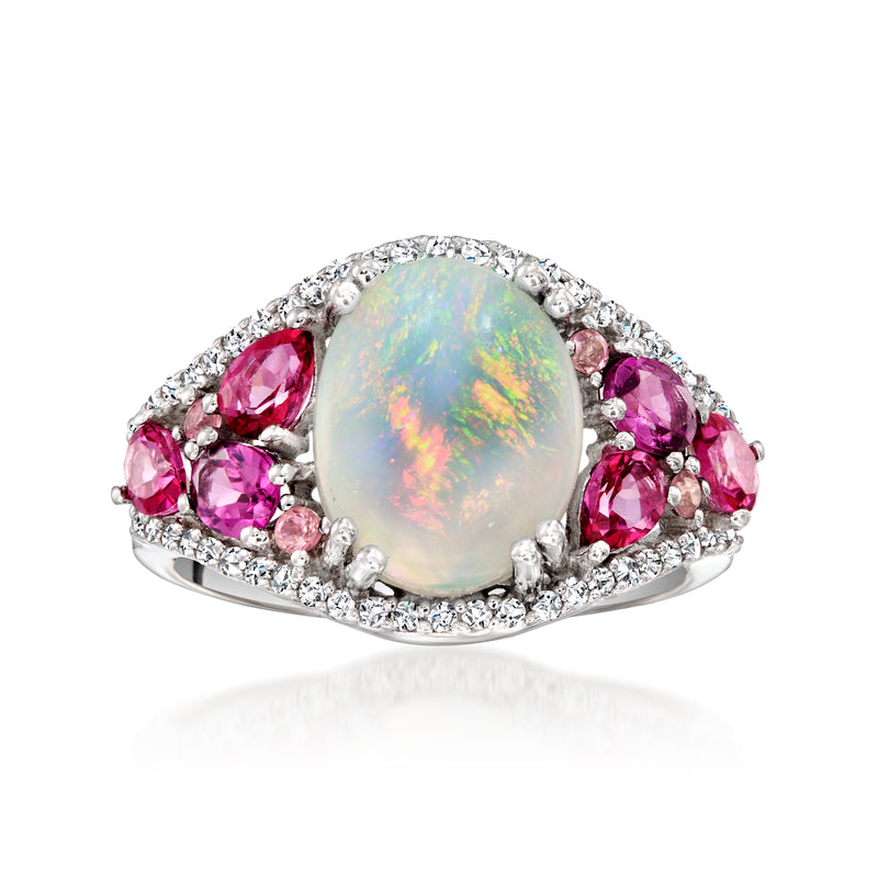 Sterling silver opal and pink multi-gemstone ring with oval opal center, prong-set
