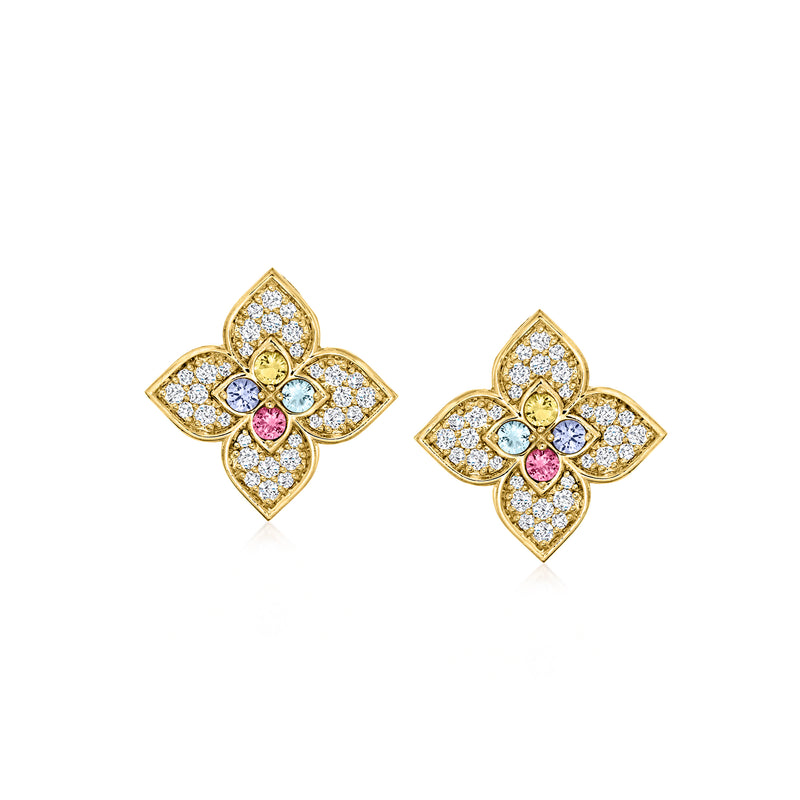 Rose gold flower stud earrings with diamond accents and pink, blue, and yellow gems
