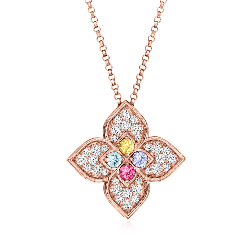 Rose gold flower pendant necklace with diamond accents and colorful gemstones