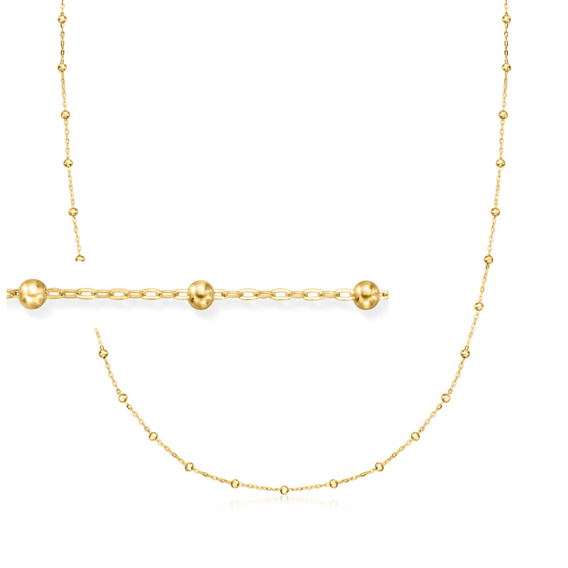 10kt yellow gold bead station necklace with small bead links and two round station beads