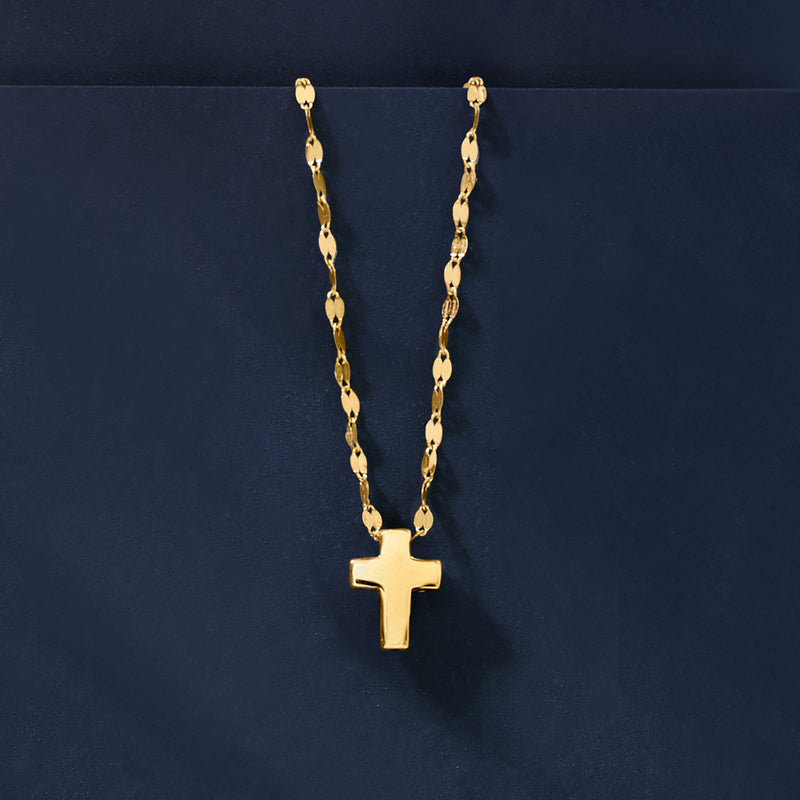 10kt yellow gold puffed cross pendant necklace on linked curb chain