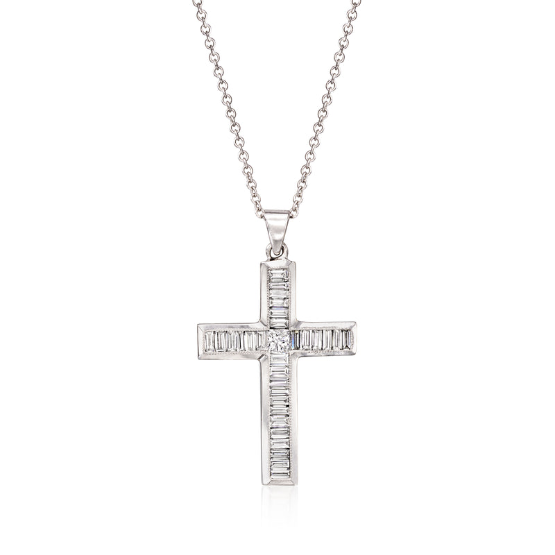 Vintage 14kt white gold diamond cross pendant necklace with baguette-cut stones