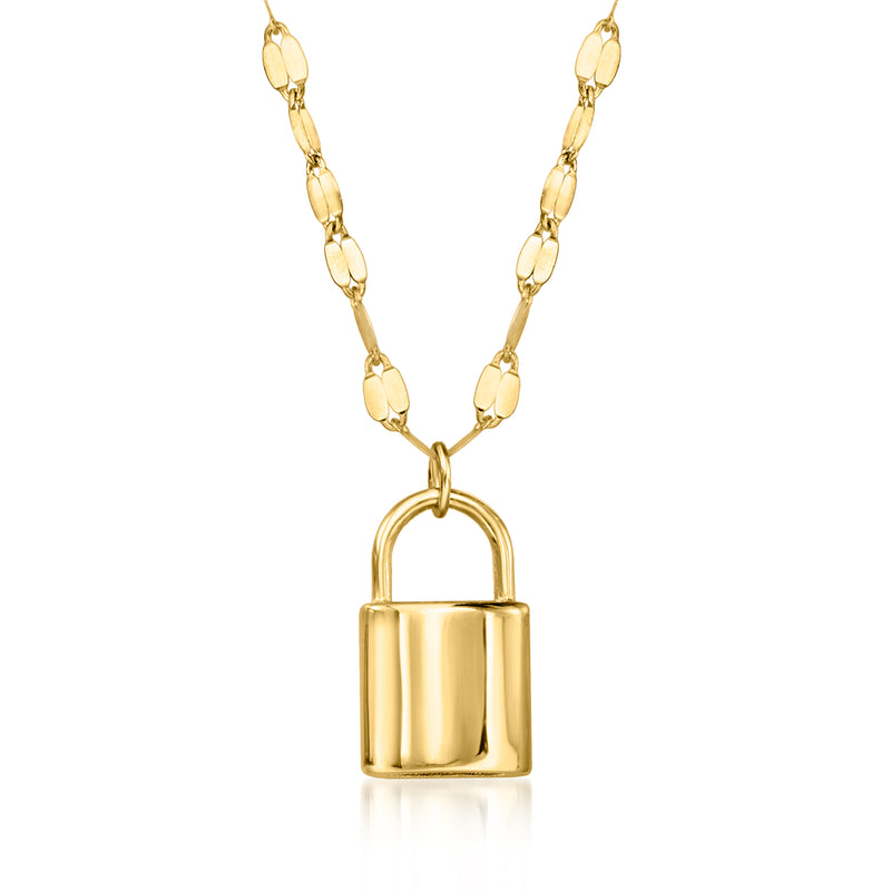 10k yellow gold puffed lock pendant necklace with bead-link chain
