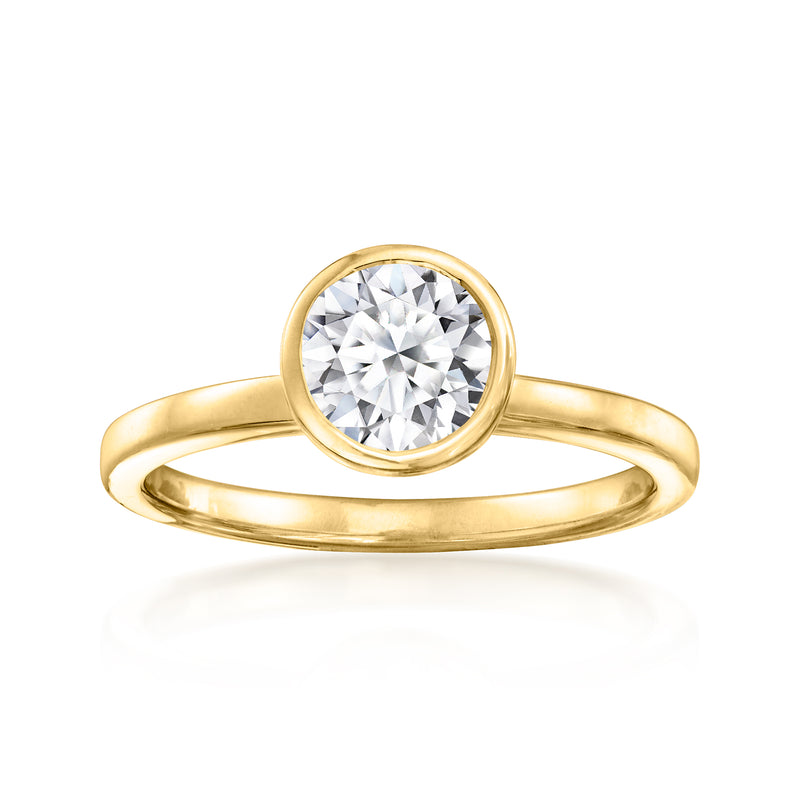 14kt yellow gold solitaire ring with round bezel-set lab diamond center