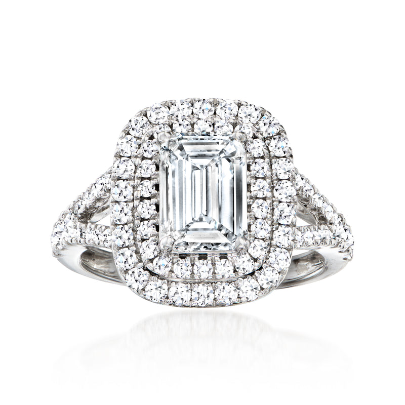 14kt white gold halo ring with emerald-cut lab-grown diamond center