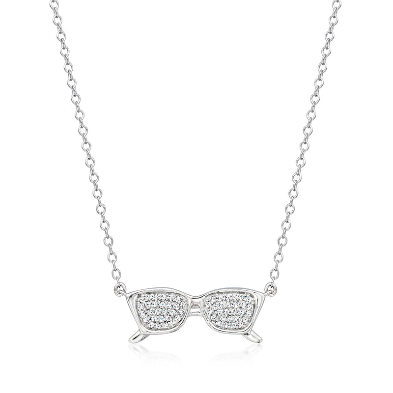 Sterling silver sunglasses necklace with pave diamond-style accents and linked chain.