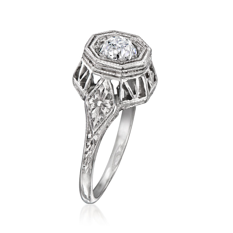 Vintage diamond filigree ring, round halo center diamond, openwork split shank