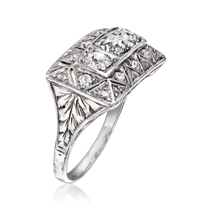 Vintage diamond filigree ring in white gold with rectangular top and engraved sides