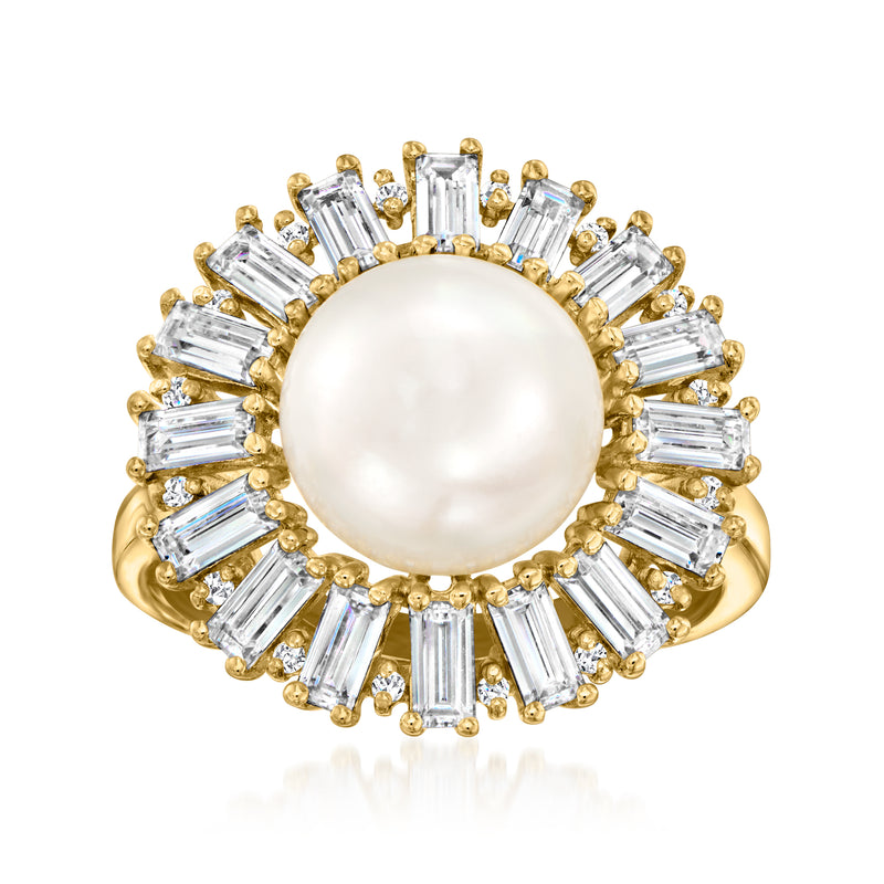 Gold ring with round cultured pearl center and baguette CZ halo