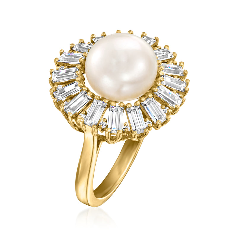 Gold ring with round cultured pearl and baguette CZ halo, side view