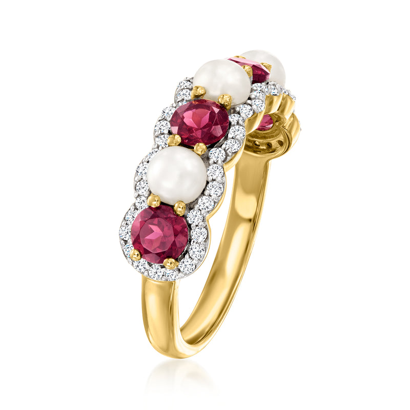 Gold-tone side view ring with white cultured pearls, pink oval stones, and white zircon detail