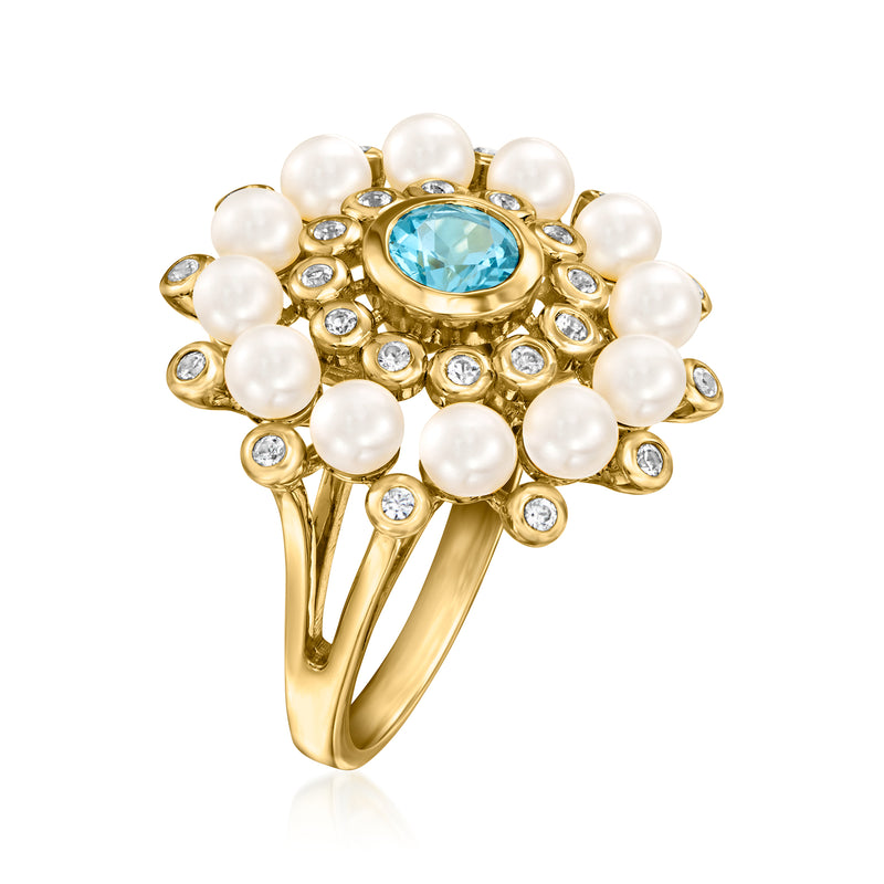 Gold topaz and pearl cluster ring with bezel-set blue gemstone and white zircon accents