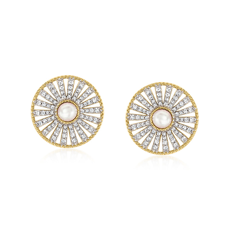 Gold tone post earrings with white pearl center and zircon sunburst halo