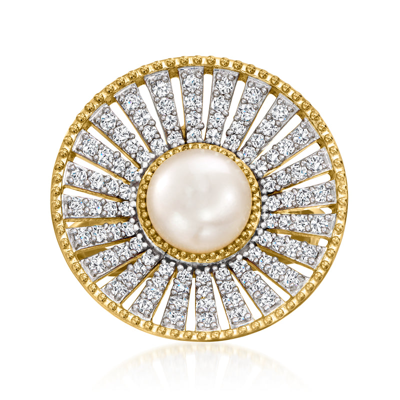 Gold ring with round cultured pearl center and clear zircon halo