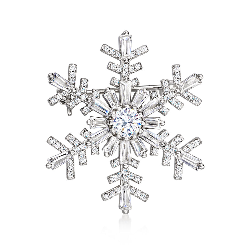 Sterling silver CZ snowflake pin with round center stone and starburst accents